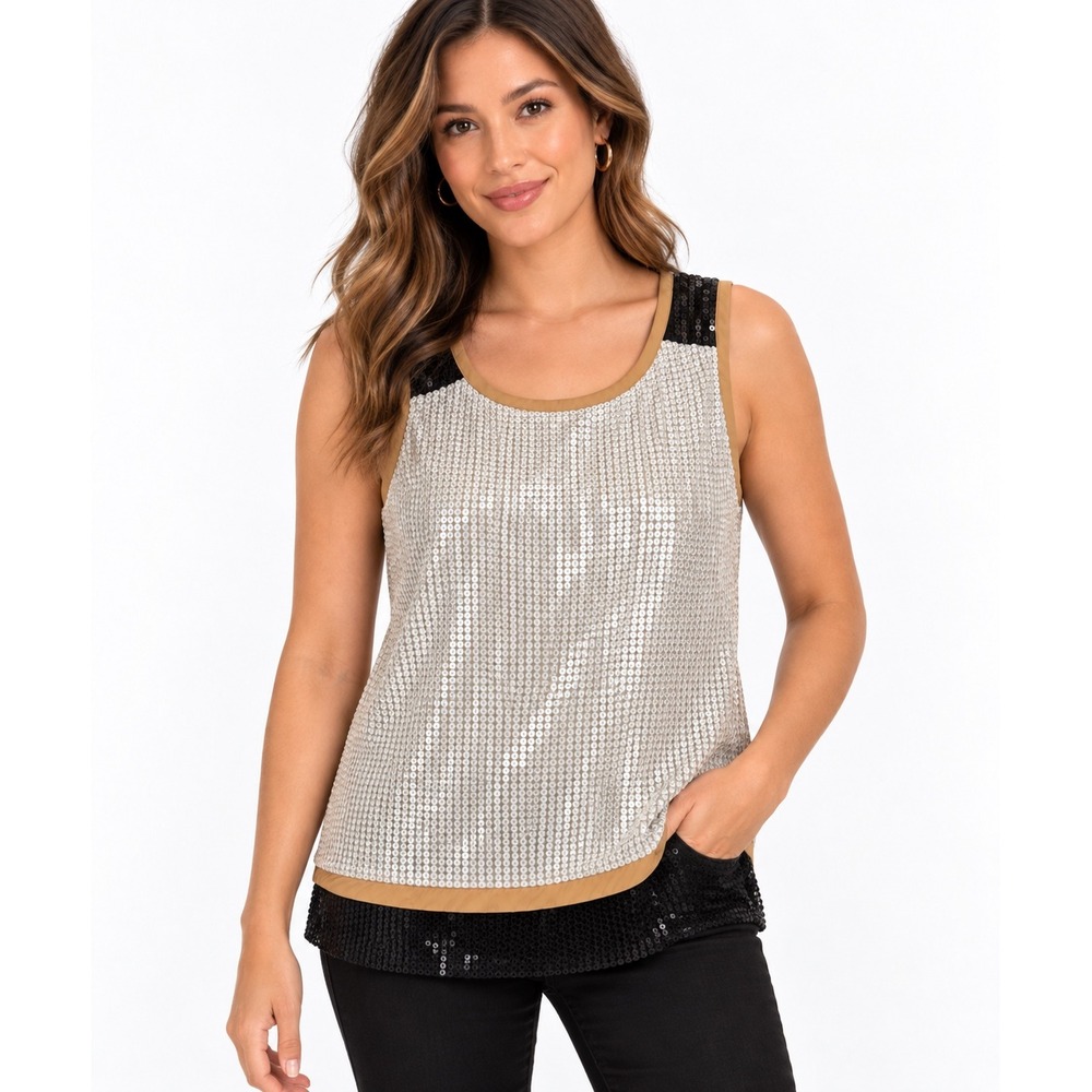 Ann Taylor LOFT Women Medium Sequin Colorblock Shell Top Black White Sleeveless